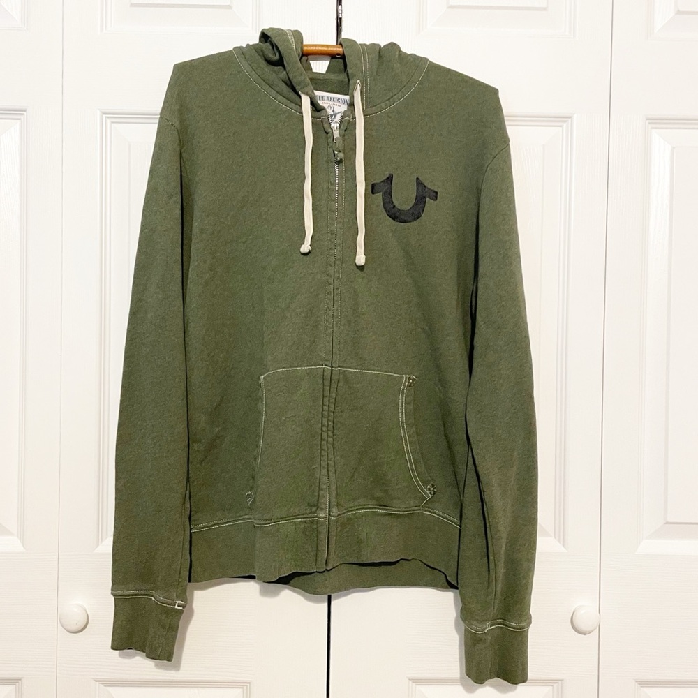 True Religion Full Zip Hoodie Large Classic Buddha Logo Velvet Flocked Green
